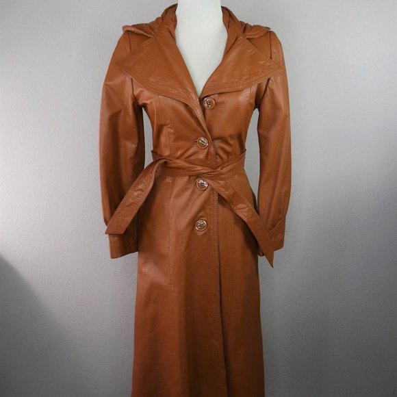 Vintage Boho 70's Leather Trench Coat with Hood Size S - Picture 12 of 14